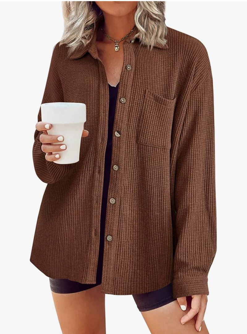 HOTOUCH Waffle Knit Button Down Shirts for Women Dressy Casual Work Tops Long Sleeve Loose Fit Shacket with Pocket, Size:S