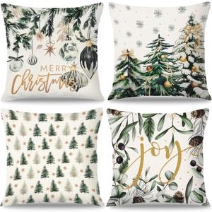 Set of 4 Christmas Pillow Covers 18x18, Merry Christmas Xmas Ball Trees Throw Pillow Covers Green Xmas Pillowcase for Home Farmhouse Patio Car Sofa Bed Winter Indoor Decor (Green)