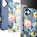 Compatible for iPhone 17 Case with Card Holder Cute - Kawaii Design Military-Grade Drop Protection Rugged Wallet Cases for Women (Blue Peony Flowers)