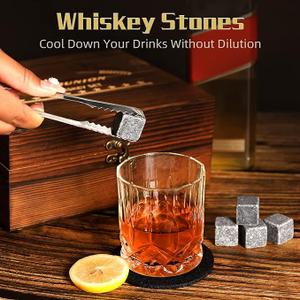 Whiskey Stones Gift Set  Bourbon Stones Gift for Men  4 Granite Chilling Whiskey Rocks  Whiskey Glass and Stones Set  Drinking Gifts for Men Dad Husband Birthday Father's Day Groomsmen Gifts