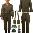 Kids WW2 Soldier Costume Boys Girls Field Jacket Cosplay Helmet Belt Haversack 6 Pcs Set for Halloween, 9-10Y