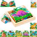 Wooden Dinosaur Block Puzzles for Kids Ages 3-5 with Baby Book, Jigsaw Puzzles Preschool Educational Interactive Toys Gift for Boys Girls, Wood Dino Cube Puzzles for Toddlers 2 3 4 5 6 Years Old
