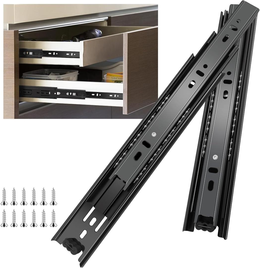 18 inch Drawer Slides 6 Pairs (12pcs) Full Extension Ball Bearing Drawer Rails Side Mount 3 fold Metal Dresser Runners for File Cabinet Trash Can Kitchen Wardrobe Glides 18" Black 100 LB Capacity