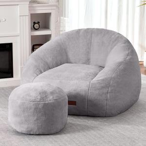 HABUTWAY Bean Bag Chair, Giant Bean Bag Chairs for Adults with Ottoman, Comfy Faux Fur Shell-Shaped Bean Bag Couch, Sofa Chair for Living Room, Bedroom, Grey