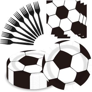 60pcs Black And White Soccer Birthday Party Decorations-Soccer Plates And Napkins-Black Plastic Silverware Fork,Suitable For Soccer Games, Birthdays, Sports, Parties,Serves 20(9 Inches)