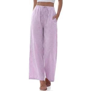 TARSE Womens Linen Striped Gingham Wide Leg Pants Palazzo Drawstring Lounge Pajama Pants Cute Casual Trousers with Pockets (XL)