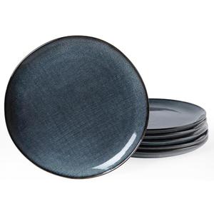 famiware Moonlight Salad Plates Set of 6, 8 Inch Plates Set with Linen Finish, Serving Dishes for Kitchen, Handmade Stoneware Dinnerware, Scratch Resistant, Microwave and Dishwasher Safe, Dark Blue