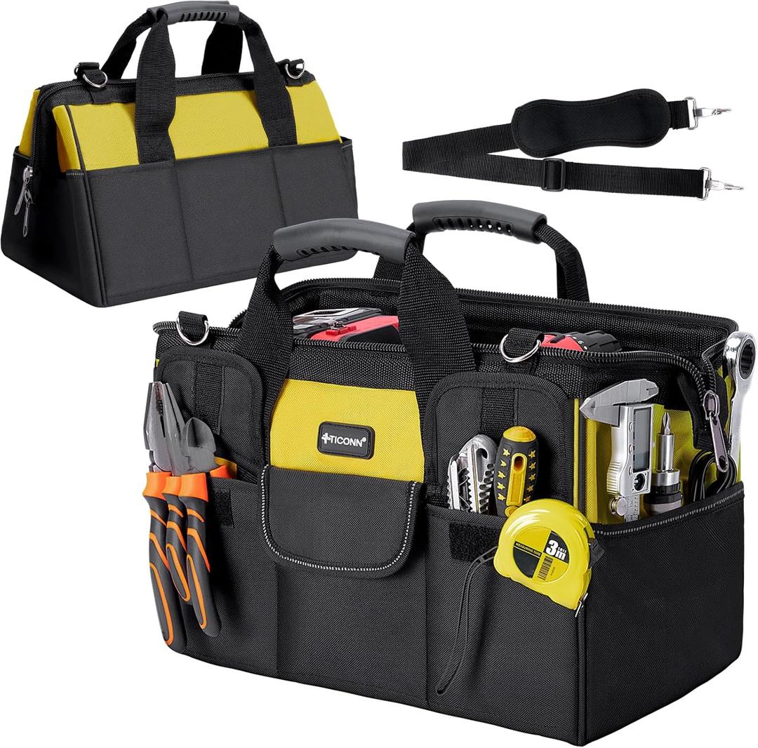 TICONN Heavy Duty Tool Bag with Multi-Pockets, Portable Tool Box Organizer Storage Bag, with Adjustable Shoulder Strap and Ergonomic Handle (Yellow, 12" Standard Base)
