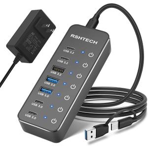 RSHTECH 7-Port Powered USB 3.2/USB-C Hub Splitter with 3 x 10Gbps USB-3.2 Ports (2C + 1A),4 USB-3.0 Ports (2C + 2A), 3.3ft Cable, Touch Switches, and 5V Power Adapter for Laptop PC RSHTECH 7-Port Powered USB 3.2/USB-C Hub Splitter with 3 x 10Gbps USB-3.2 Ports (2C + 1A),4 USB-3.0 Ports (2C + 2A), 3.3ft Cable, Touch Switches, and 5V Power Adapter for Laptop PC