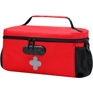 Pill Bottle Organizer Bag with Combination Lock, Lockable Medicine Bag Organizer, Travel Medicine Organizer with Portable Small Pouch, Medicine Lock Box for Prescription Bottles with Shoulder Strap (Red)