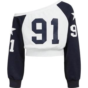 SOLY HUX Girl's Graphic Y2k Jersey Sweatshirt Number Print Off the Shoulder Long Sleeve Casual Fall Pullover Tops Blue and White Letter 12Y
