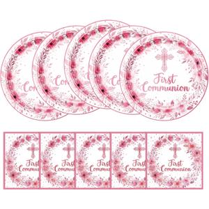 First Communion Decorations Cross Floral Paper Plates and Napkins Set, 9 Inch Disposable Baptism Plates and Napkins, Christening Decorations Primera Comunion Decoracion Party Supplies