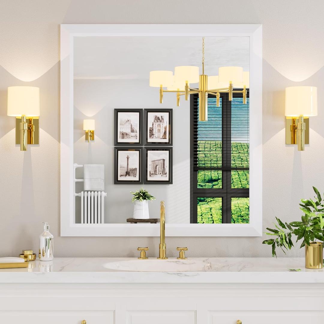 Amorho Bathroom Mirror, 40X38 Inch White Thick Metal Framed Wall Mirrors for Over Sink, Bedroom, Living Room, Entryway, Rectangle Wall-Mounted Mirrors(Horizontal/Vertical).