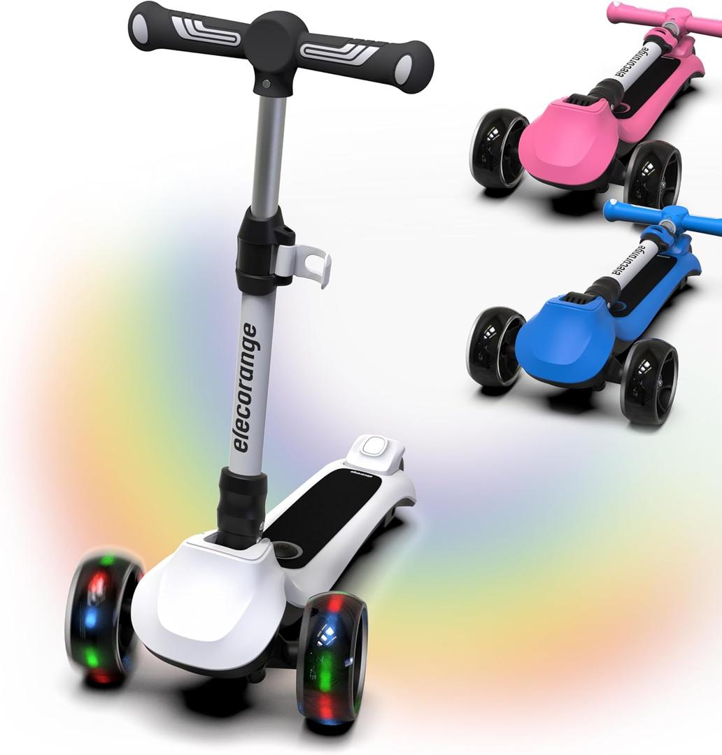 Elecorange T200/T500 Balance Electric Scooter for Kids Age 4-9, 2 Types Front Wheels, Electric Horn, Full Body Lights Up, Wide Deck, 5Mph Safe Speed, 70min Riding, Foldable Kick Scooter Boys & Girl (T200-Entry level, Pearl)