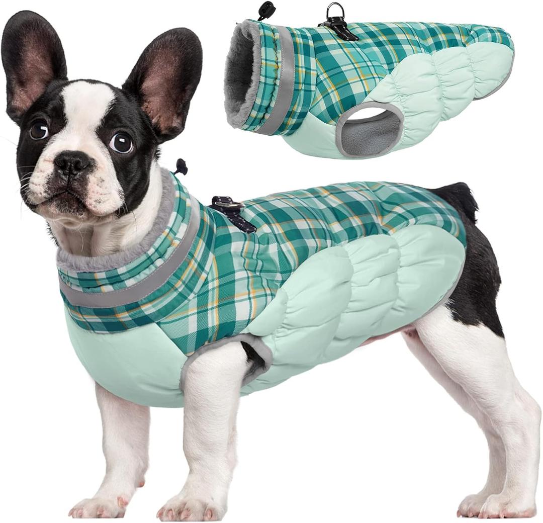 FUAMEY Dog Winter Coat - Jacket with Built-in Harness, Padded Vest for Cold Weather, Reflective Clothes for Small to Large Dogs, Green Plaid