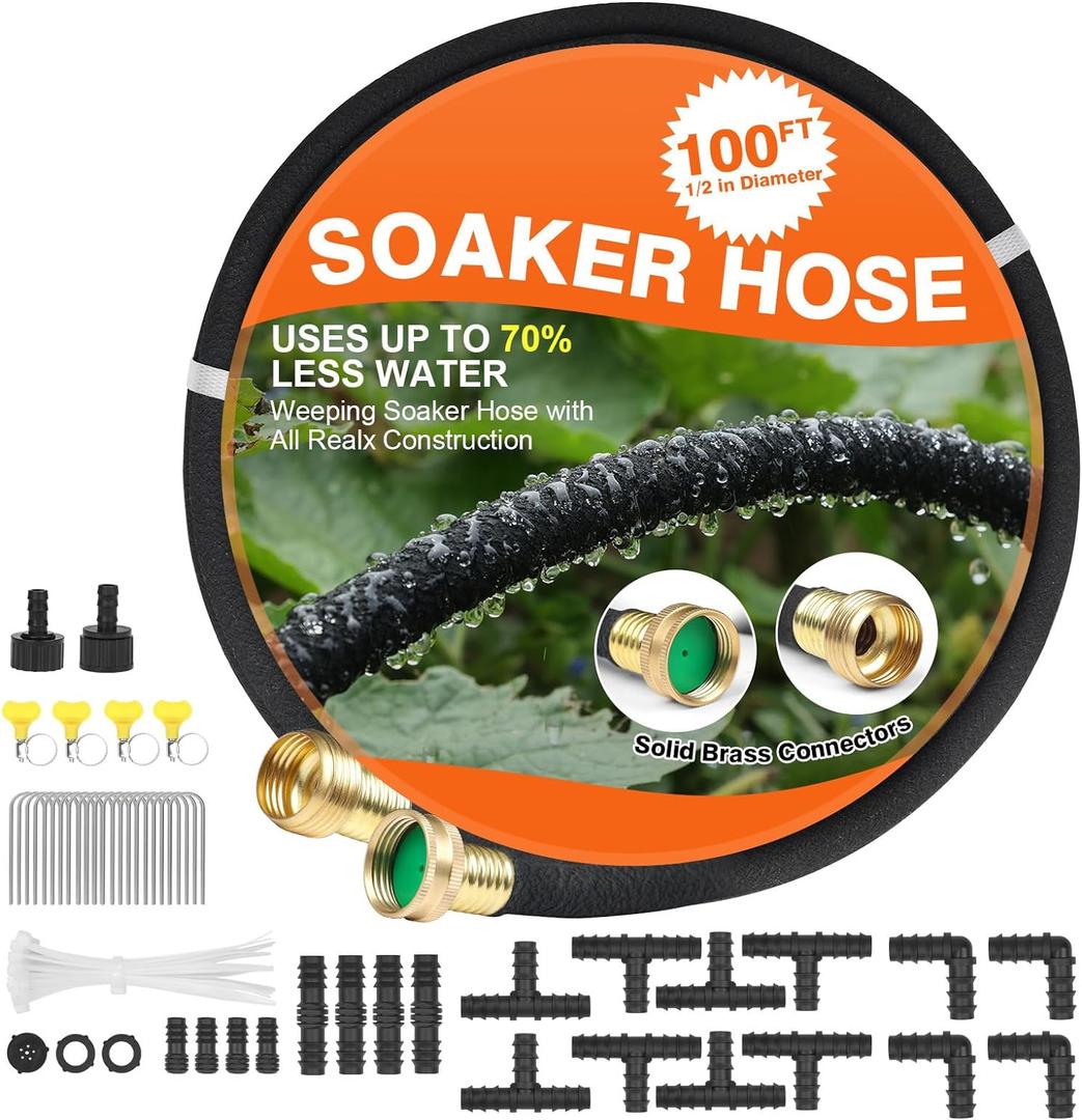 Soaker Hose 100 FT for Garden with 1/2" Diameter Irrigation Hose Save 70% of Water Solid Brass Interface Eminently Suitable for Lawn and Garden Bed Cover (Brass 100FT)