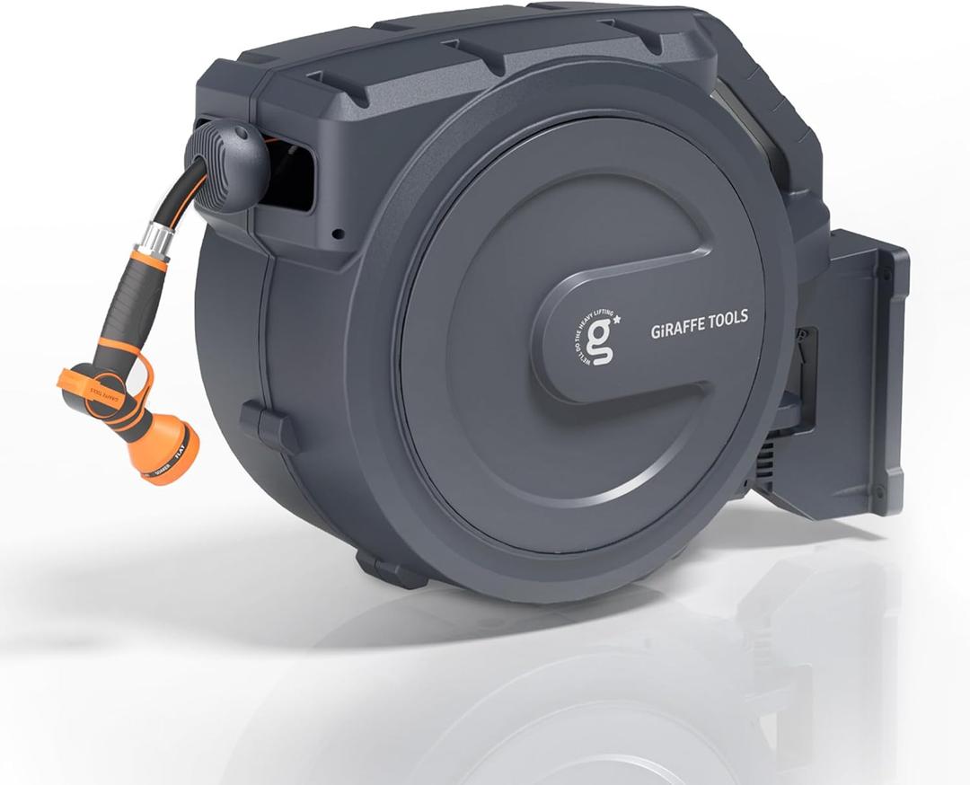 Giraffe Tools AW30 Retractable Garden Hose Reel 5/8inch x 62ft Hose Reels for Outside, with 9- Function Sprayer Nozzle, Any Length Lock/Slow Return System/Wall Mounted/180Swivel Bracket