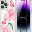 OOK Magnetic Case for iPhone 14 Pro Case Cute Flower Butterfly Design with 2 PCS Screen Protector [Compatible with MagSafe] for Girls Women Floral Clear Slim Phone Cover-Pink Lily Flower