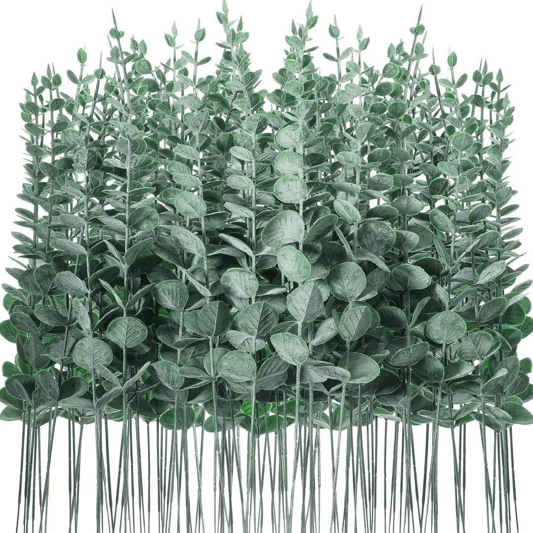 Canlierr 100 Pcs Eucalyptus Stems Faux Greenery Artificial Eucalyptus Leaves Decor Greenery Stems Branch for Wedding Centerpiece Flower Bouquet Farmhouse Home (Dark Green)