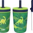 Zak Designs Dino Camo Kelso Tumbler 3pc Set, Leak-Proof Screw-On Lid with Straw, Bundle for Kids Includes Plastic and Stainless Steel Cups with Additional Sipper