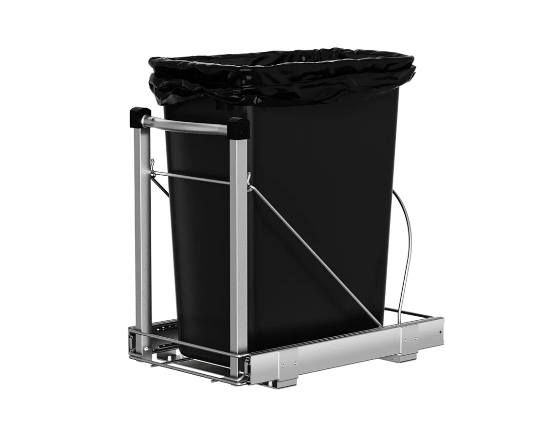 Adjustable Under Cabinet Trash Can Organizer with Soft Close Rail - Heavy Duty Silver Steel Under Sink Pull-Out Organizer, Fits 7-13 Gallon, Up to 125 lbs Capacity (Trash Can Not Included)