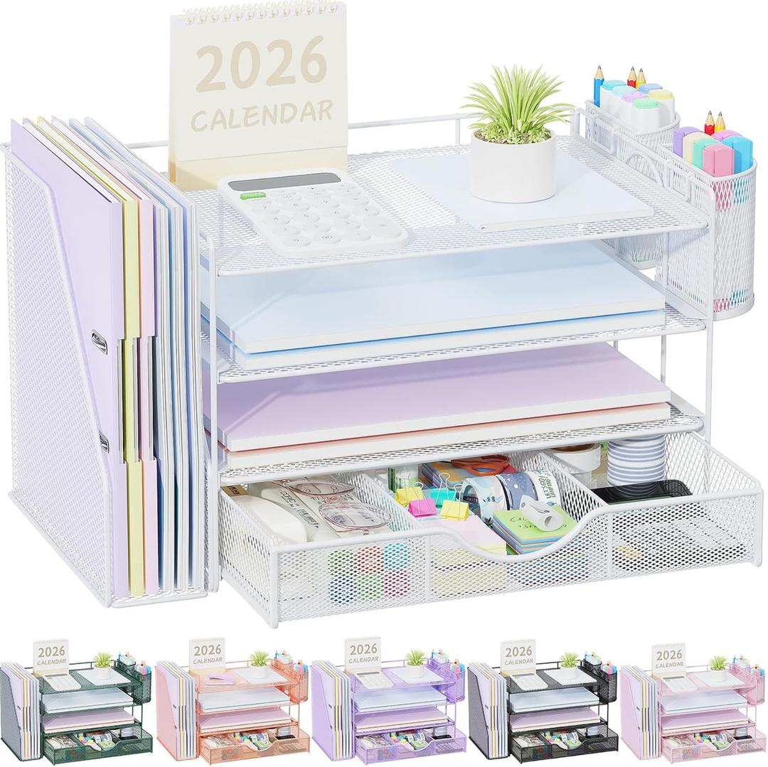 Gianotter Desk Organizers and Accessories with File Holder, 4-Tier Desk Accessories & Workspace Organizers with Drawer and 2 Pen Holder, Paper Organizer for Office Supplies (White)
