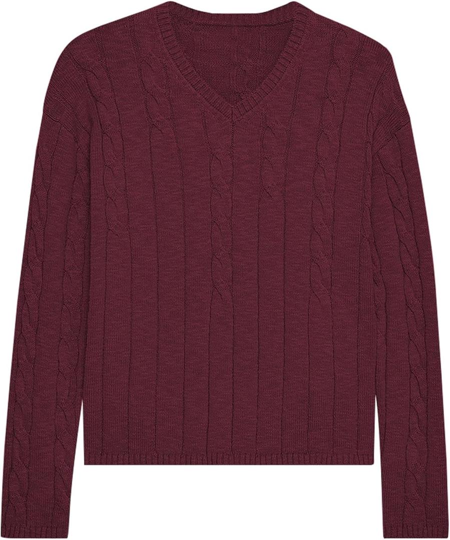 ZAFUL Women's V Neck Cable Knit Sweater 2025 Fall Pullover Long Sleeve Ribbed Loose Top Casual Outfits (Wine Red)