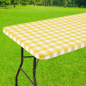 Smiry Rectangle Picnic Table Cloth, Elastic Waterproof Fitted Vinyl Tablecloths, Flannel Backed Buffalo Plaid Table Covers for Dining, Camping, Outdoor (White and Yellow, 30" x 96")