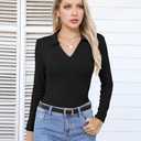 VICHYIE Womens Long Sleeve Shirts Lapel Collared V Neck Slim Fitted Ribbed Knit Trendy Tight Polo Tops (Black, M)