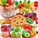 67Pc Pretend Play Food Sets for Kids Kitchen, Pizza Toy Food & Cutting Fake Food - Fruits & Vegetables, Play Kitchen Toys Accessories, Pretend Food Toys for Toddlers Boys Girls Birthday Gift