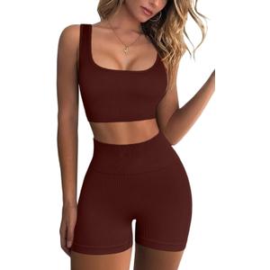 QINSEN Workout Sets for Women 2 Piece Seamless Ribbed Crop Tank High Waist Shorts Yoga Outfits (Large, Coffee)