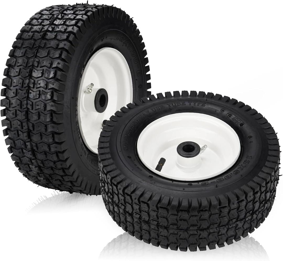 13x5.00-6 Lawn Mower Tires with Rim, Natural Rubber Turf Tire 4pr for Golf Carts, Hand Trucks, Wheelbarrows, Riding Lawn Mowers | 3" Centered Hub | Bore ID 3/4" | 400lbs Capacity (2PCS)