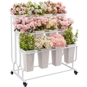 Flower Display Stand Frame, 3-Tier Flower Cart with Wheels, Metal Floral Display Rack , Moving Florist Bouquet Shelf for Shop ,Flower Bar, Events, without Buckets(White, 3 Tier)