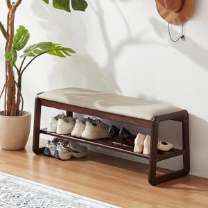 Achicsofar Shoe Rack Bench,2 Tier Wooden Entryway Bench with Shoe Storage, Shoe Rack with Cushion for Living Room, Hallway(Pu Beige, 39.4"), 11.8"D x 39.4"W x 16.5"H