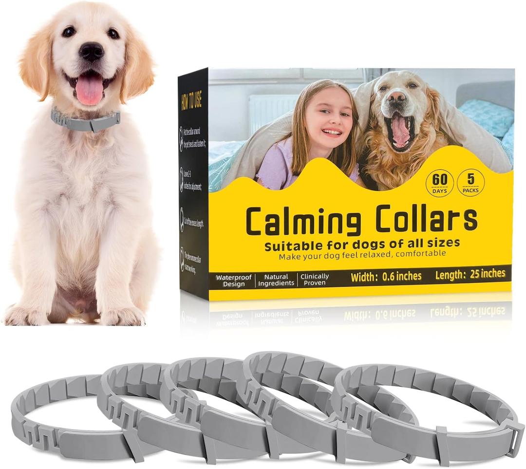 5 Pack Calming Collar for Dogs, Dog Pheromone Calm Collars Relief Anxiety Stress Separation Lasts 60 Days Relieve Bad Behavior, 25 in Size for All Small Medium and Large Dog (Gray) (Grey)