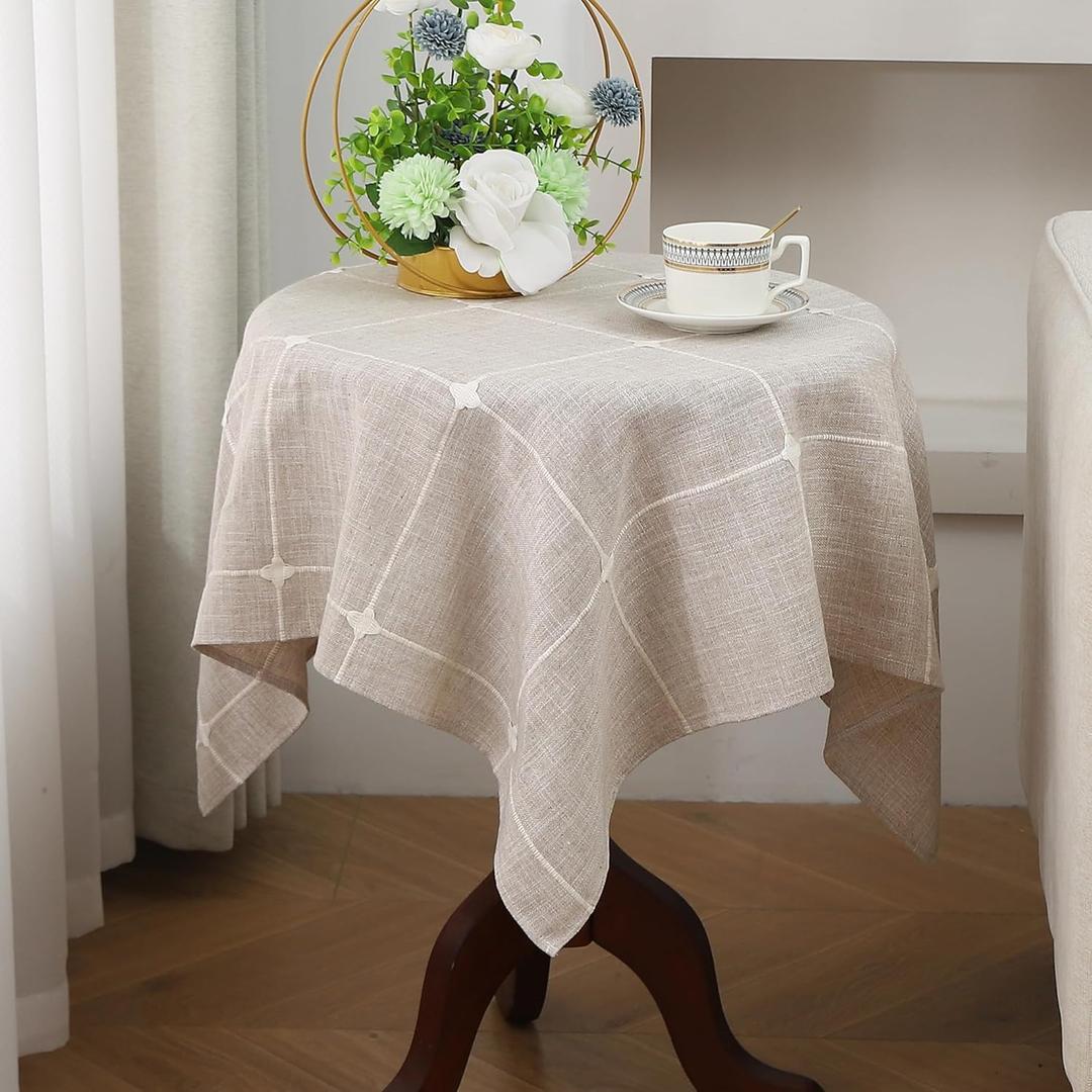 Gernaice Plaid 36x36 Inch Small Square End Tablecloth, Farmhouse Embroidered Fabric Checkered Tablecloths, Dust Proof Wrinkle Free Washable Table Cover for Coffee Table Night Stand Picnic, Brown