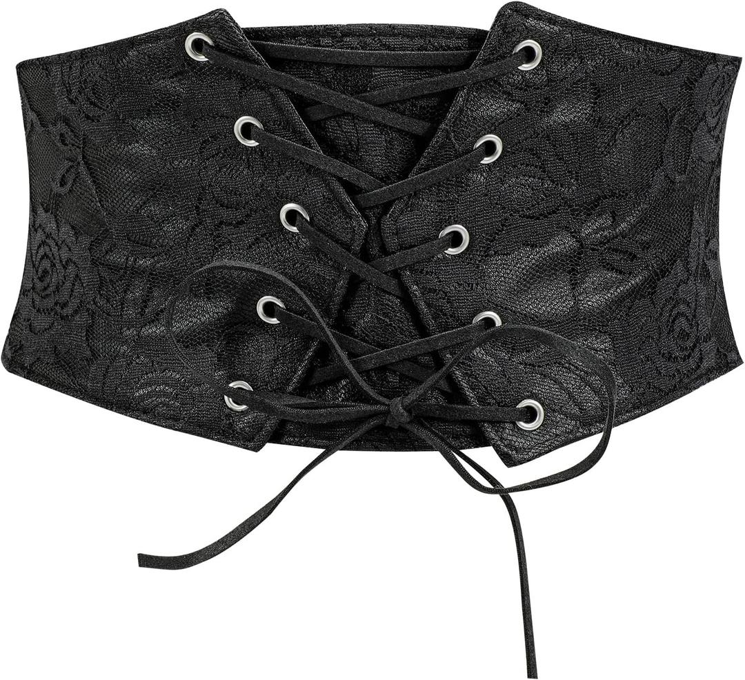 TRIWORKS Women Waist Belt Corset Lace Up Tied Waspie Elastic Wide Belt for Dresses Halloween Pirate Corset (Fit Waist Size 22"-26", Black)