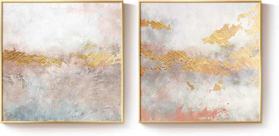 Framed Gold Abstract Wall Art for Living Room 24"x24", 2 Piece Luxury Pink and Gold Canvas Prints Artwork for Walls, Large Square Paintings for Office, Bedroom, Hallway - Total 24" x 48"