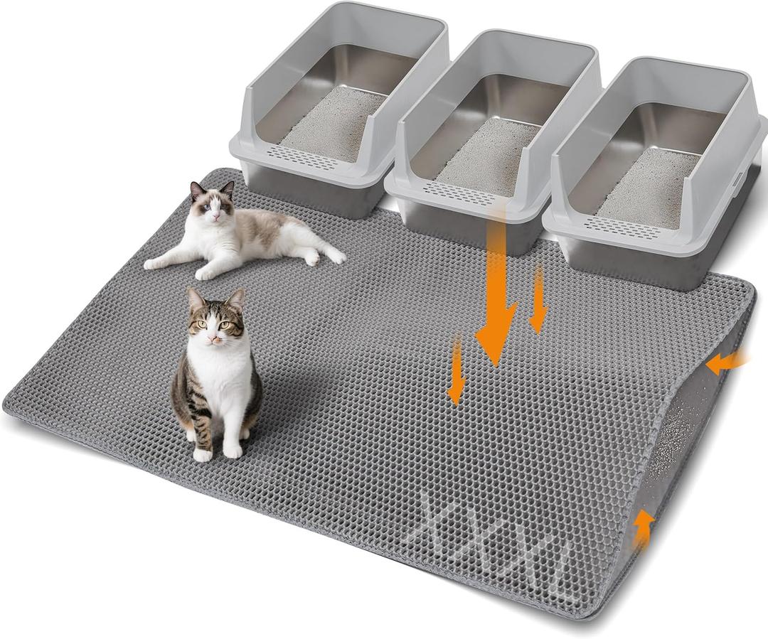 Large Cat Litter Mat for Litter Box, 47"33" Double Layer Trapping Mat, Non-Slip Water Proof Kitty Litter Pad, Grey
