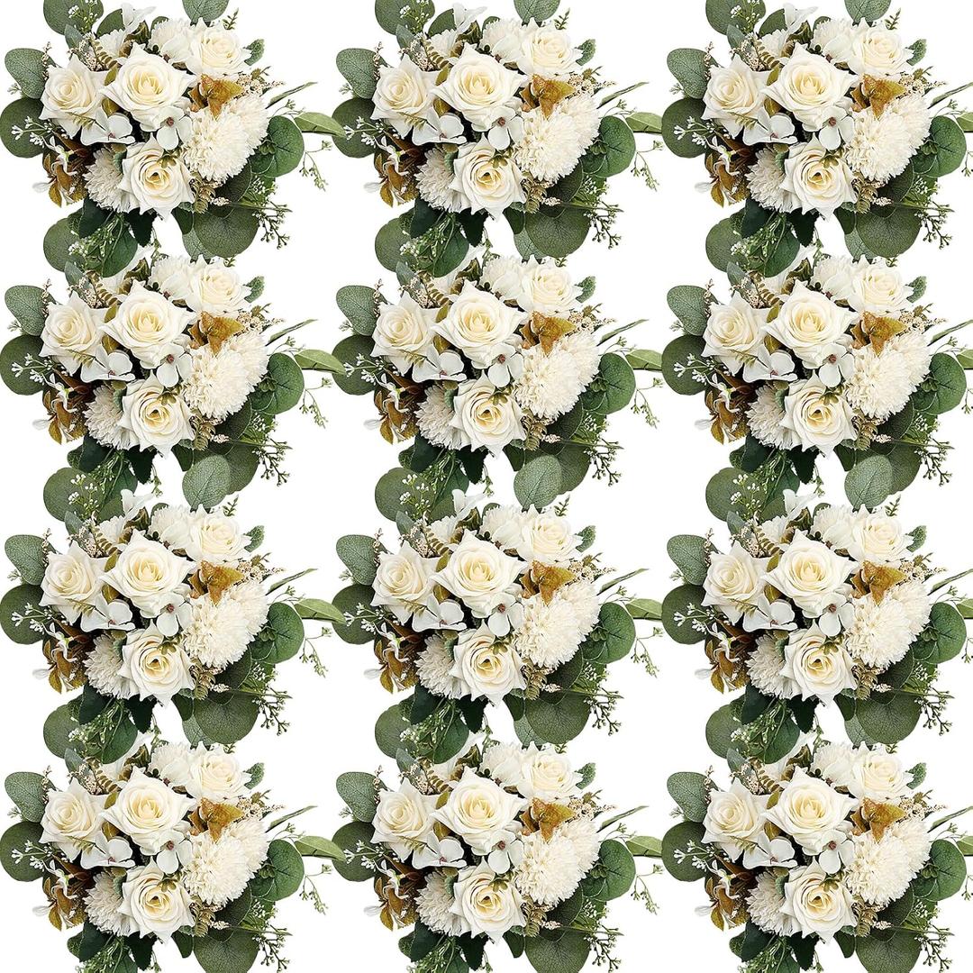 Artificial Mum Flowers 12 Bundles Silk Chrysanthemum Flowers Fake Roses with Eucalyptus, Realistic Faux Peonies for Vase Arrangement, Home Decor, Wedding Table Centerpiece - White