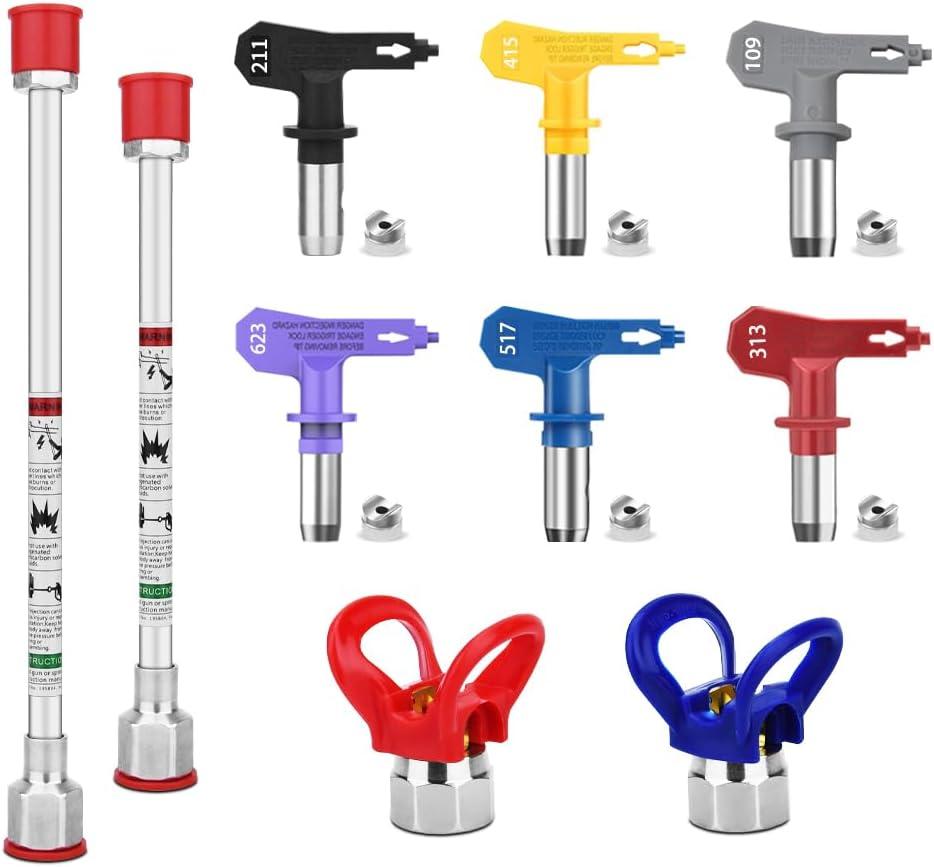10 Pieces Airless Paint Sprayer Gun Accessory Set Equipped with 2 Extension rods 6 Spray Tips and 2 Nozzle Seats Suitable for Home Renovation .（109, 211, 313, 415, 517, 623）