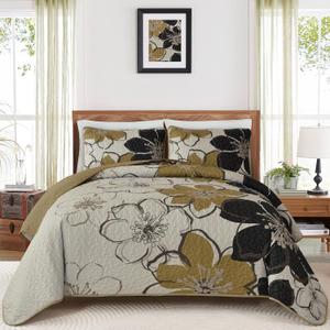 Luxudecor Floral Quilt Set King 3 Pieces Black Flower Quilt Coverlet Set with 2 Pillow Cases, Lightweight Soft Microfiber Reversible Boho Bedspread for All Seasons 108"x92"