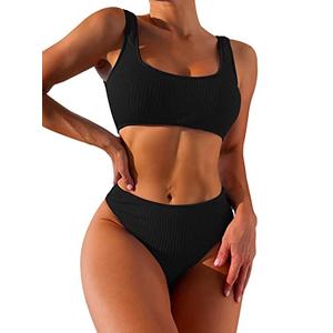 Lilosy High Waisted Tummy Control Bikini Ribbed Sporty Brazilian Swimsuit Set Women Highwaisted Cheeky Cut Leg Rise Bottom Crop Push Up Top 2 Piece Bathing Suit Black 2# Size medium