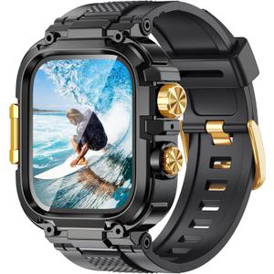 Goton IP68 Waterproof Rugged Band for Apple Watch 46mm/45mm/44mm with Case build-in Screen Protector  Heavy Duty Sport Strap Compatible with iWatch Series 11/10/9/8/7/6/5/4/SE (Black-Gold)