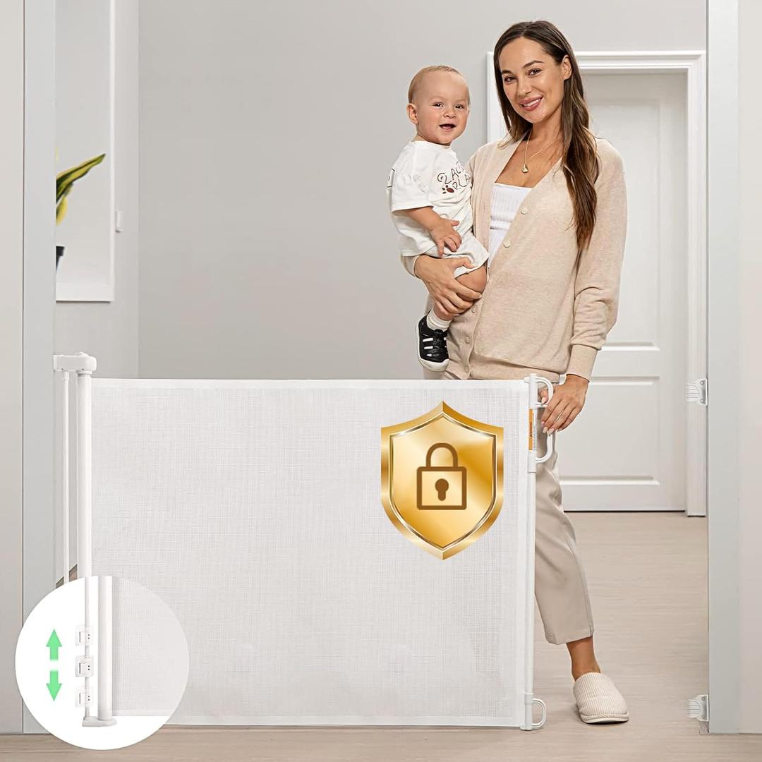 Retractable Baby Gate, Momcozy Mesh Baby Gate or Mesh Dog Gate, 33" Tall,Extends up to 55" Wide, Child Safety Gate for Doorways, Stairs, Hallways, Indoor/Outdoor (33" Tall x 55" Wide, White)