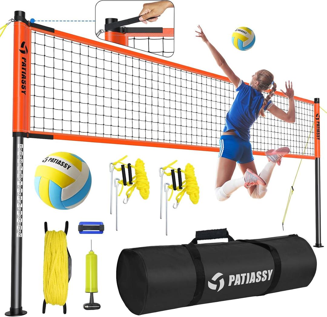 Outdoor Volleyball Net Set, 32FT Regulation Size Anti-Sag Net System, Easy Setup Adjustable Height Poles, Portable Complete Set with Volleyball, Pump, Hammer, Boundary Line & Carry Bag for Backyard