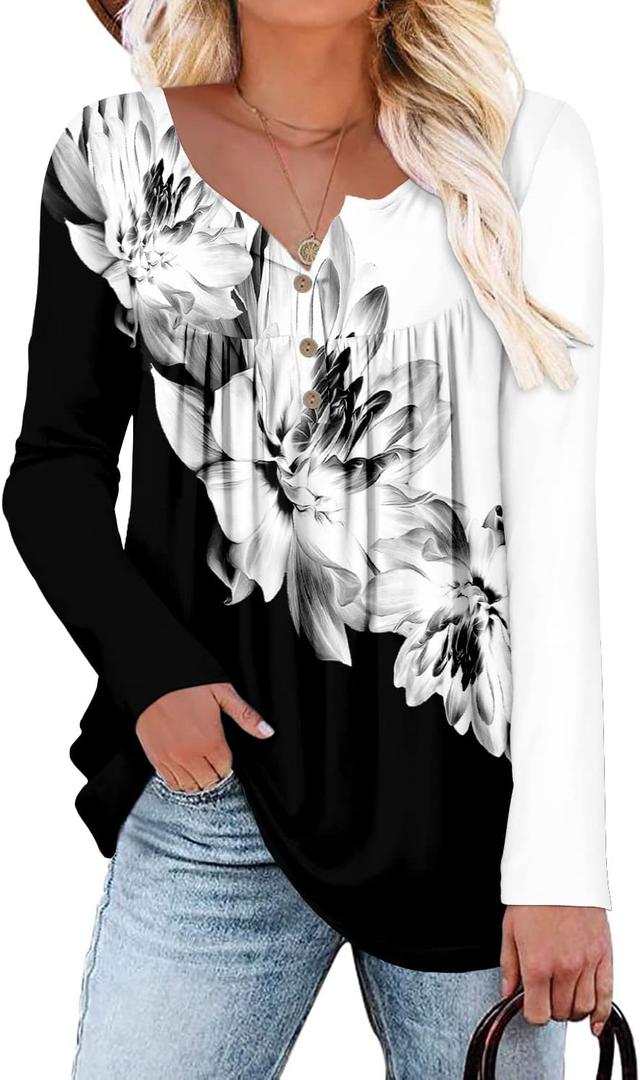 ROSELINLIN Womens Long Sleeve Tunic Tops Floral Fall Blouse Shirts (XX-Large, A BW Lotus)