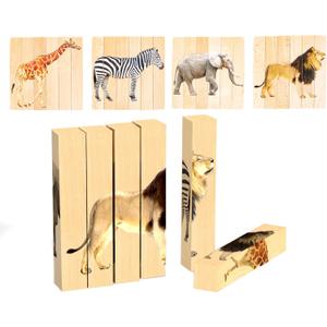 Wooden Animal Chunky Puzzles for Toddlers 2+ Years - Montessori 4 in 1 Safari Animal Block Puzzle Toy