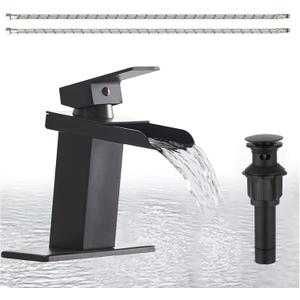 Homevacious Black Bathroom Faucet Waterfall Single Hole Bathroom Faucet with Pop Up Drain Assembly and Deck Plate Modern Single Handle Vanity Faucets Basin Lavatory RV Mixer Tap Commercial