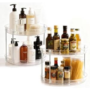 2-Pack 2-Tier Clear Lazy Susan Turntable Organizer, 9.5" Rotating Spice Rack for Kitchen Cabinet, Countertop Tray for Bathroom & Vanity to Organize Makeup, Perfume and Jewelry